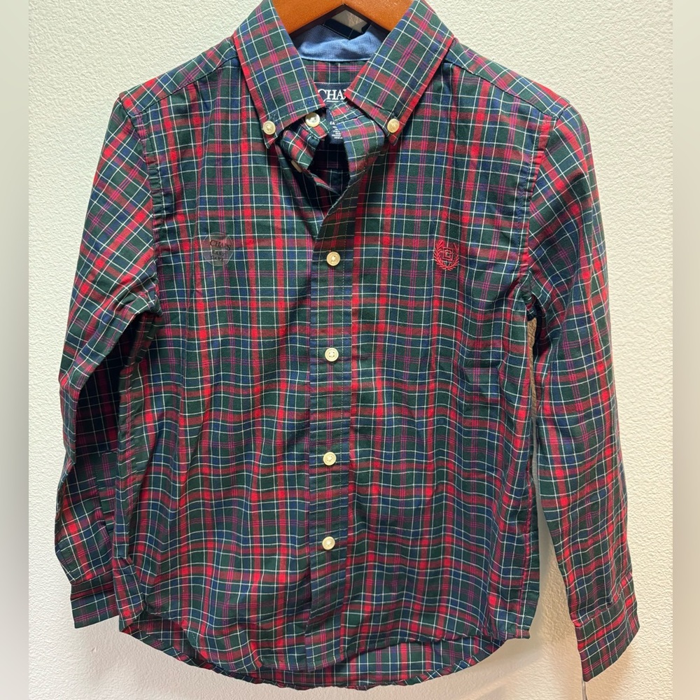 Chaps boys easy care button down dress shirt blue red green size 6 NWT